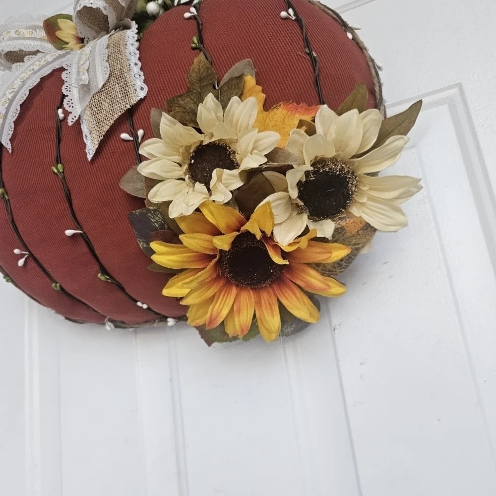 Handmade fall pumpkin wreath rusty orange with sunflowers in yellow and cream